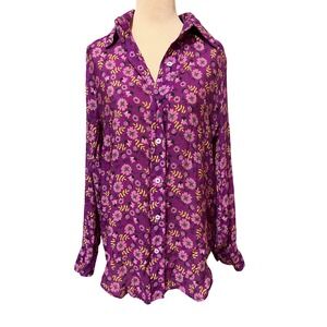 Stacy London Floral Print Button Up Shirt Purple Pink Yellow Women's XS